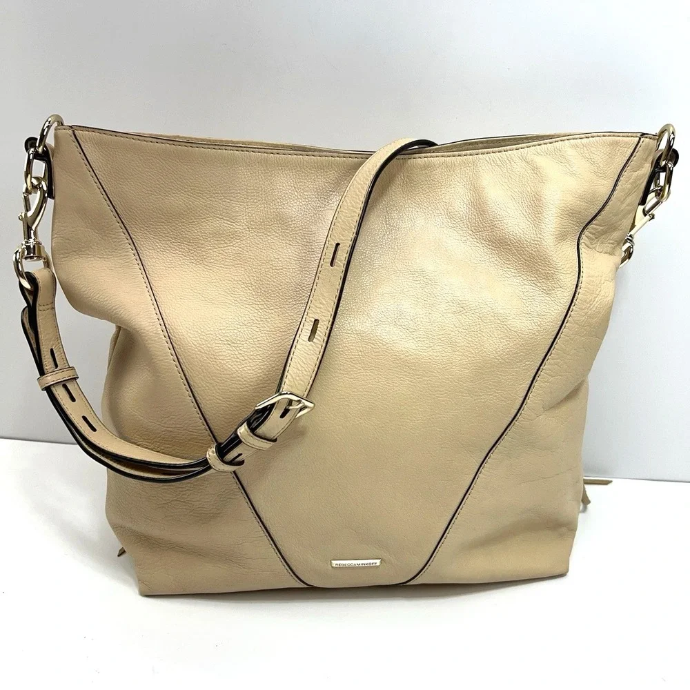 REBECCA MINKOFF Leather Hobo Bag Large Gold Zip Moto Shoulder Purse Tote Beige